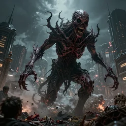 a beautiful high - quality photo of an entity of pure darkness devastating a solarpunk city, devouring happiness and souls, dismembering people, body horror, cosmic horror, volumetric lighting, hyperrealistic, very detailed, 8 k