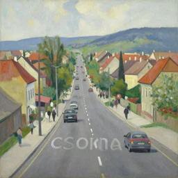 an edward hopper style painting of a busy road of ( ( ( ( ( ( ( ( csorna ) ) ) ) ) ) ) ), a small town in hungary on monday may of 1 9 6 2