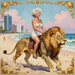 sexy old lady riding a lion on the copacabana beach dynamic composition, ornate gilded details, pastel colors, a surrealist painting by tom bagshaw