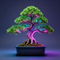 a bonsai with neon lights, photo studio, artstation trend, HDR