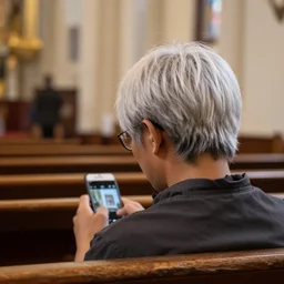 a man wearing a wig sitting in a church, photo taken from the back of his head on a phone.
