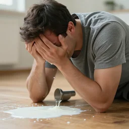 a man on the floor crying over spilled milk, stock photo, 8 k, high quality