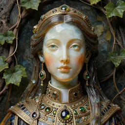 detailed portrait, cosmopolitan priestess, realistic glassworks face sculpted features, specular eyes, statuesque, glass skin, fiberglass hair, high collar, opulent, encrusted, jewel, chiulily, chiaroscuro, organic impressionism, vine backdrop, natural colors, octane render