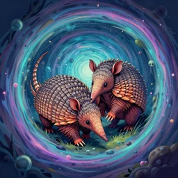 a beautiful picture of a armadillo couple trapped in a vortex to a psychedelic dimension by steve ditko and greg rutkowski trending on artstation