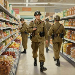 world war 2 soldiers in a british supermarket oil painting