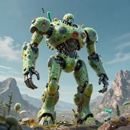 a gigantic robot made out of germs stands in front of a mountain. digital art, octane renderer.