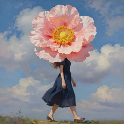 a woman with a giant flower for a head walking, clouds in the sky, surreal, impressionist painting, digital painting, artstation