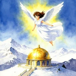 angel levitating above a golden observatory in the snowy mountains. watercolor by clamp, arina tanemura and moebius, backlighting, vibrant palette.