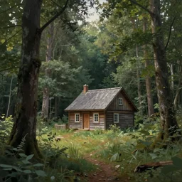 a painting of a cottage in the woods and empty woods, 35mm lens, 8k, fantasy, hyper realistic, atmospheric, cinematic