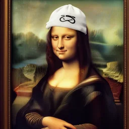 mona lisa, with drip hat on the head, with cigarette in mouth