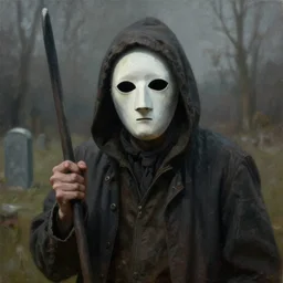 a creepy gravedigger with a mask in the style of Anton Semenov, realistic painting, high definition, digital art, matte painting, very detailed, realistic