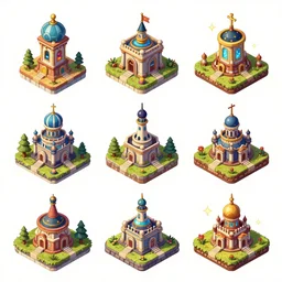 different isometric props by the artist Alexey Druzhkov Rendering six different isometric game assets on items, magic, buildings, full of details, by pinterest and Alexey Druzhkov , art book, trending on artstation