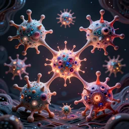 quantum connections represented as symbiotic organisms like cells playing around with colorful lights by ernst haeckel, magnetic, chewy
