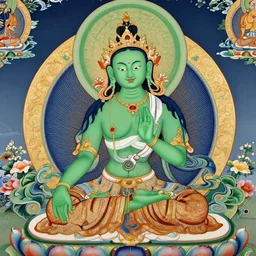 beautiful detailed thangka of the green tara bodhisattva meditating, intricate, elegant, highly detailed, my rendition, digital painting, artstation, concept art, smooth, sharp focus, green color scheme, illustration, art by artgerm and greg rutkowski and alphonse mucha