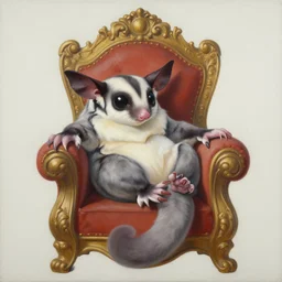 beautiful painting of a fantasy sugar glider king chilling on his throne, by sherree valentine daines, peter mohrbacher, alice neel, donato giancola, mike winkelmann, laurie greasley. trending on artstation, 8 k, masterpiece, graffiti, fine detail, full of color, intricate detail, golden ratio illustration