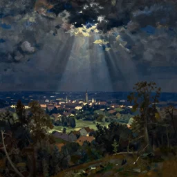 city, distant valley, trees, night, dramatic light, oil painting, by caspar david friedrich