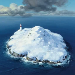 fantasy snow island in ocean, by ghibli, pixar, disney, dark, albert bierstadt, 4 k, high detail