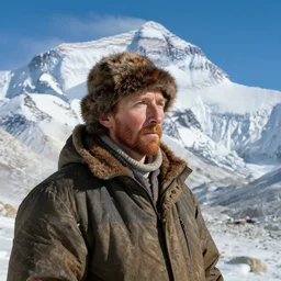 a realistic picture of van googh in a mount everest,4k,HDR,ray tracing,ultra realistic