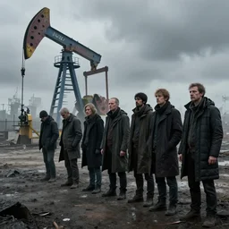 waiting in line for crude oil by simon stalenhag and gil elvgren and tom bagshaw and marc simonetti and jan miense molenaer, slums, highly detailed, hyperrealism, dreary, cold, cloudy, grey, smog, high contrast, smogpunk, oilpunk, high saturation, intricate complexity