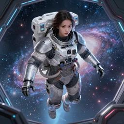 portrait armored astronaut girl,  floating on spaceship command room viewing galaxy, ssci-fi neon light and fantasy, intricate and very very beautiful and elegant, highly detailed, digital painting, artstation, concept art, smooth and sharp focus, illustration, art by tian zi and WLOP and alphonse mucha