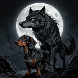 a dachshund werewolf transforming under a full moon, dark colors, sinister atmosphere, dramatic lighting, cinematic, establishing shot, extremely high detail, photo realistic, cinematic lighting, pen and ink, intricate line drawings, by Yoshitaka Amano, Ruan Jia, Kentaro Miura, Artgerm, post processed, concept art, artstation, matte painting, style by eddie mendoza, raphael lacoste, alex ross