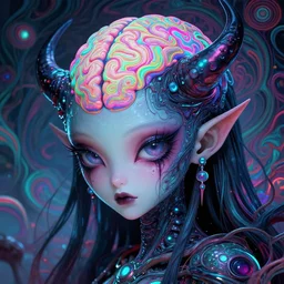 closeup of an adorable cyber demoness, cute eldritch, woman alien abomination of unimaginable horror by alex grey and junji ito, speculative evolution, psychedelic illustration, op art brain