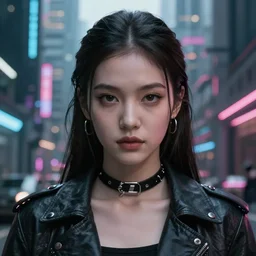 cinematic portrait of kim lip as a biker badass, cyberpunk city background, full face portrait, centered, symmetrical face, atmospheric lighting, intricate, volumetric lighting, cyberpunk, concept art, sharp focus, ultra detailed, concept art by marc simonetti and dan mumford. featured on artstation
