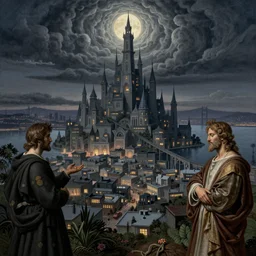 a nightfall over a fantastical san francisco bay area, fantastical, transcendent, clean linework, dramatic, unexpected, surprising, epic light scene, spectacular, finely detailed, award winning, 4 k, trending on artstation, photorealistic, volumetric lighting, octane render uhd artwork by gustave dore, by michelangelo and by de vinci