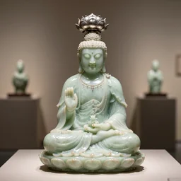 beautiful detailed jade sculpture of meditating buda with with metal lotus flower on his head, in a gallery setting, influenced by ruan jia and greg rutkowsk. professional studio photo, full object in middle, well centered, 1 5 0 mm lens, high definition