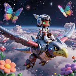 a little cyborg warrior girl character sitting on top of a giant armored dinosaur bird flying in space, epic character with dark skin and beautiful green eyes against a psychedelic surreal background with 3 d butterflies and 3 d flowers n the style of 1 9 9 0's cg graphics against the cloudy night sky, lsd dream emulator psx, 3 d rendered y 2 k aesthetic by ichiro tanida, 3 do magazine, wide shot