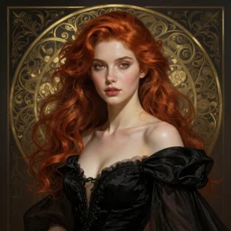 a beautiful woman with auburn, fantasy, intricate, elegant, dramatic lighting, beautiful woman, gorgeous face, black gown, highly detailed, lifelike, photorealistic, digital painting, artstation,  illustration, concept art, smooth, sharp focus, art by John Collier and Albert Aublet and Krenz Cushart and Artem Demura and Alphonse Mucha