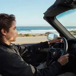 an action photograph of a singer porsche driving along the pacific coast highway, ocean in the background, 8 k,
