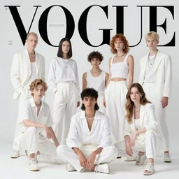 kitsch fashion, trashy photo, androgynous people in white clothes, new age, vogue