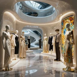 a futuristic luxury boutique, clothes, mannequins by artgerm and greg rutkowski and alphonse mucha, zaha hadid, volumetric light, detailed, octane render, midsommar