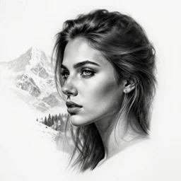 tattoo design sketch of a beautiful woman face next to a faded background of beautiful mountains on her side, hyper - realistic, in the style of den yakovlev, amazing detail, black and white