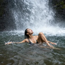 beautiful woman swimming under a waterfall