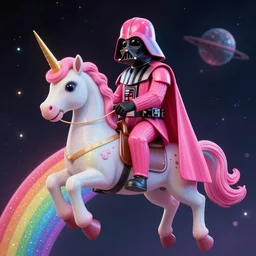 beautiful matte painting, rainbow colored pink pink darth vader wearing pink wearing pink, riding a unicorn, riding a unicorn, riding a unicorn over a glittering rainbow in space by lisa frank and dan mumford, octane render, HDR, vivid color, volumetric lighting, unreal engine, concept art, CGsociety, trending on artstation