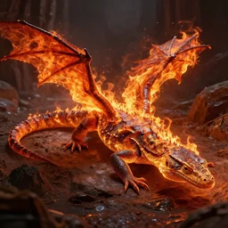 An enormous monitor lizard made of fire. It has wings and undulates.
