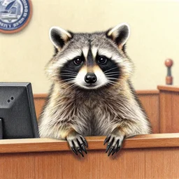 A raccoon on trial, colored pencil, realistic, courtroom drawing, associated press