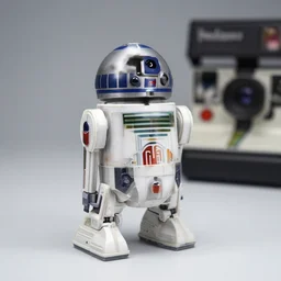 a droid 1 9 8 9 doom guy figure. mint condition. studio lighting. 3 5 mm f / 2. 8 macro lens. polaroid - h 6 4 0