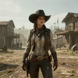 a futuristic woman in an old western town, realistic, atmospheric, hazy, wide lens, shot on film, unreal engine 5