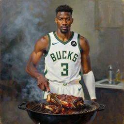 portrait of milwaukee bucks jrue holiday grilling meat, oil on canvas painting by william sidyney mount, 1 9 3 3, trending on artstation