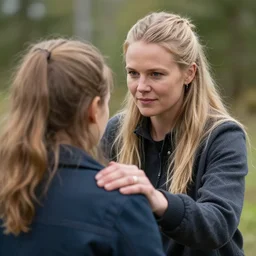 photograph of a real-life beautiful nordic woman comforting a woman. 8k