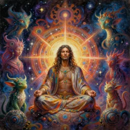 a beautiful cosmic detailed painting of an spiritual mystic man in a new world with strage but beautiful beings and psychedelic surreal forms
