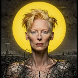 Woman masterpiece, Tilda Swinton, yellow, golden halo behind her head, wires everywhere, by Edgar Maxence and Ross Tran, Zdzisław Beksiński, and Michael Whelan, distant, gustav dore, H.R. Giger, 8k, octane render