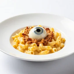 lovecraft's eyeball and flesh macaroni and cheese, michelin star restaurant, hdr studio lighting, award winning food photography, highly detailed