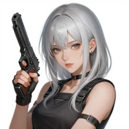 girl silver hair, holding a gun, trending on artstation, illustration by Krenz Cushart, portrait