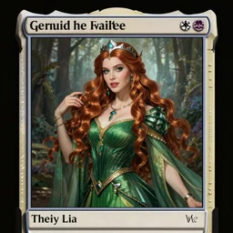 A beautiful Queen of the Fae with long chestnut hair wearing a green pleated dress and a silver diadem, Magic the Gathering card art