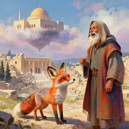 a adorable small fox in the huge ruins of the second temple in jerusalem in the distance. the third temple hovers quietly hiding in the dreamy clouds above. a hooded bearded old man in a tunic laughing, colorful 8 k, art station, intricate superb details, digital art, cinematic, bokeh dof sky, an expressionist painting by afremov.