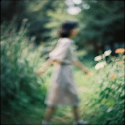 vintage grainy photograph, light leaks, garden in motion, artistic